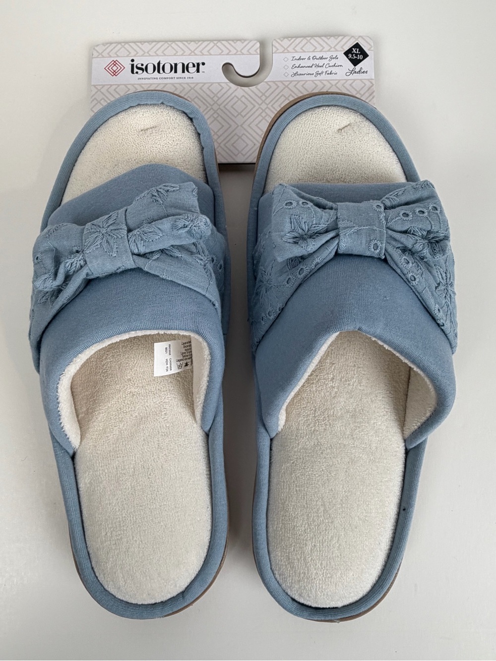 NWT Isotoner Blue Open Toe Slide House Slippers Sz XL 9.5-10 Eyelet Bow Comfort